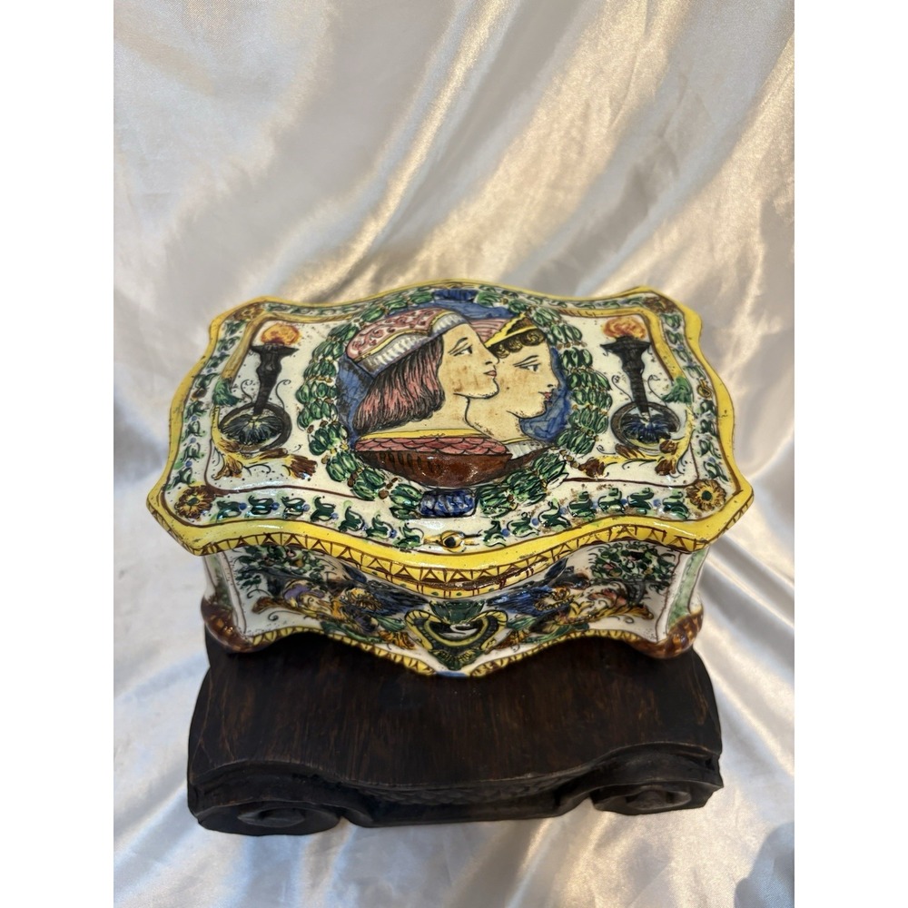 Italian Ceramic Jewelry Storage Box Raised Design Capodimonte Box